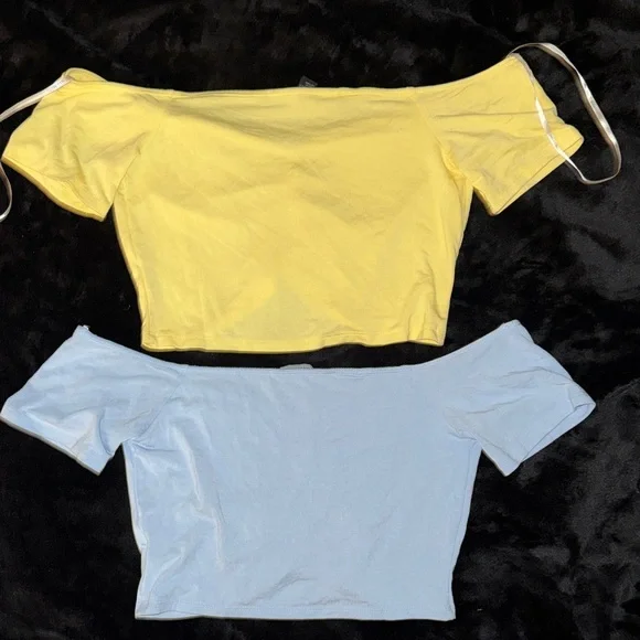 Forever 21 Yellow and Light Blue Ruched Off-Shoulder Crop Tops - Picture 2 of 5